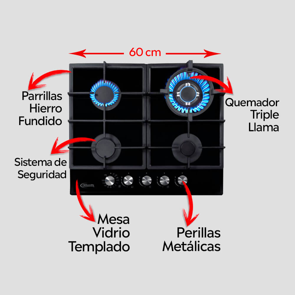 encimera de cocina a gas glp y gn de 4 hornillas modelo aosta 60 marca klimatic