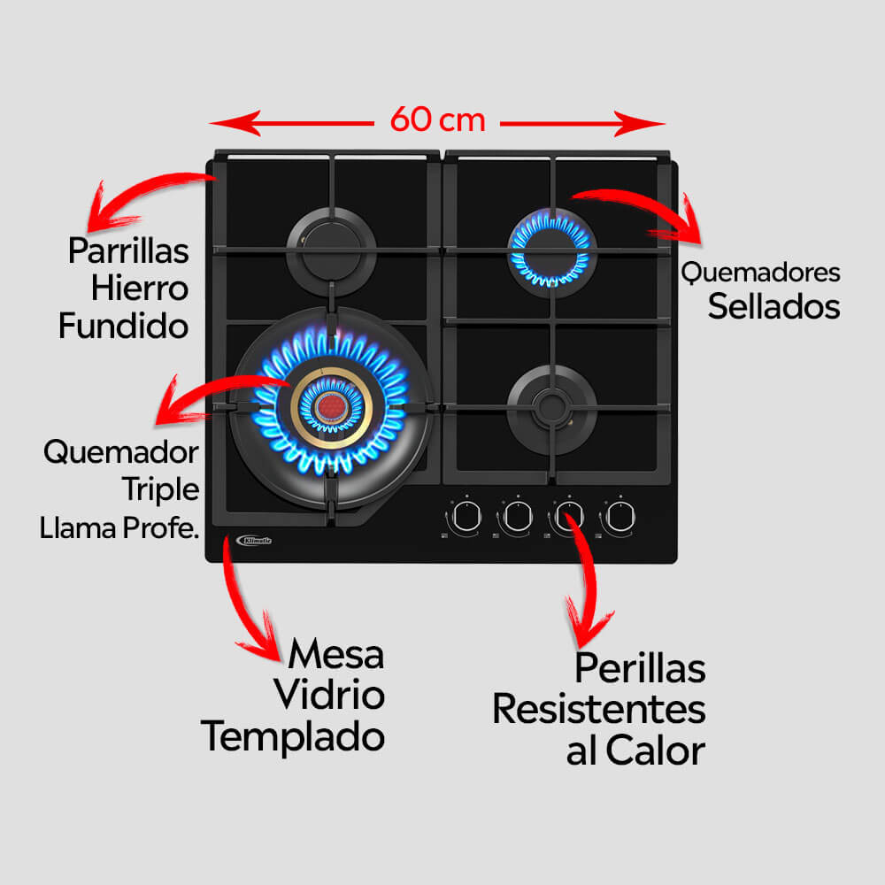 encimera de cocina a gas glp y gn de 4 hornillas modelo vulcano 4 marca klimatic