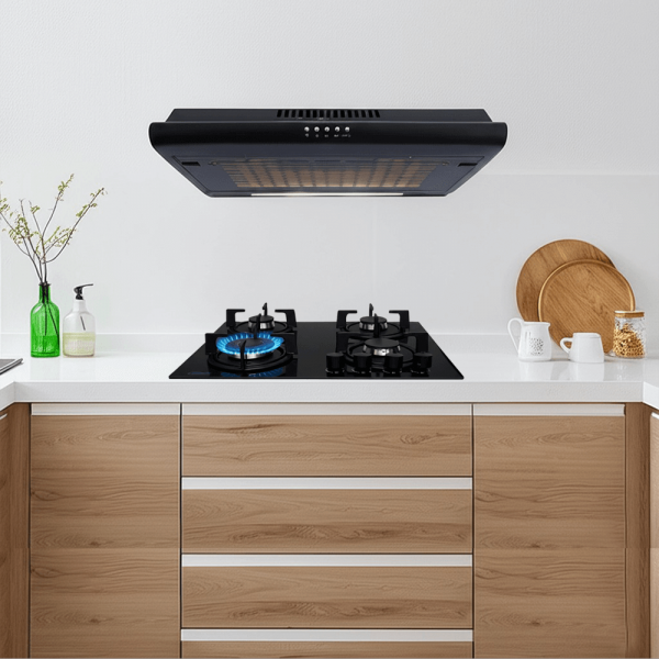 combo klimatic, encimera a gas 4 hornillas mesa de vidrio templado negro modelo nina + campana de cocina iwh101nem