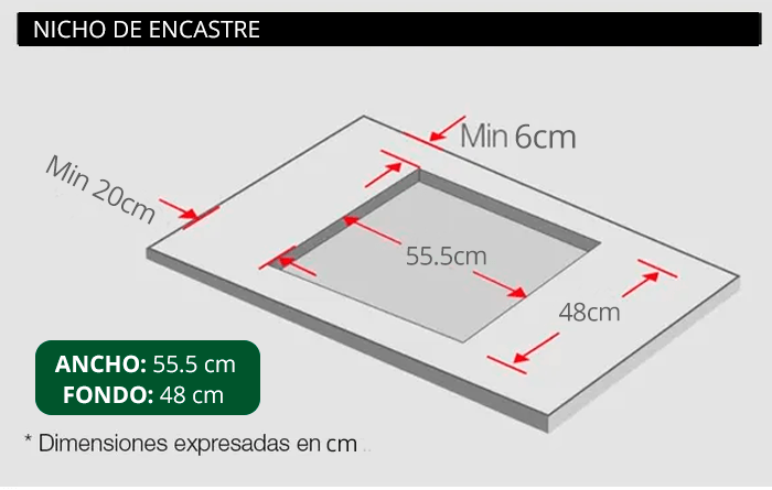 encimera de cocina a gas glp y gn de 4 hornillas modelo cekt600pro, medidas de encastre o nicho