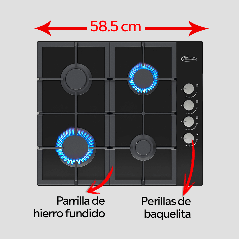 Encimera a gas 4 hornillas o cocina empotrable para gas glp y gn mitte marca klimatic