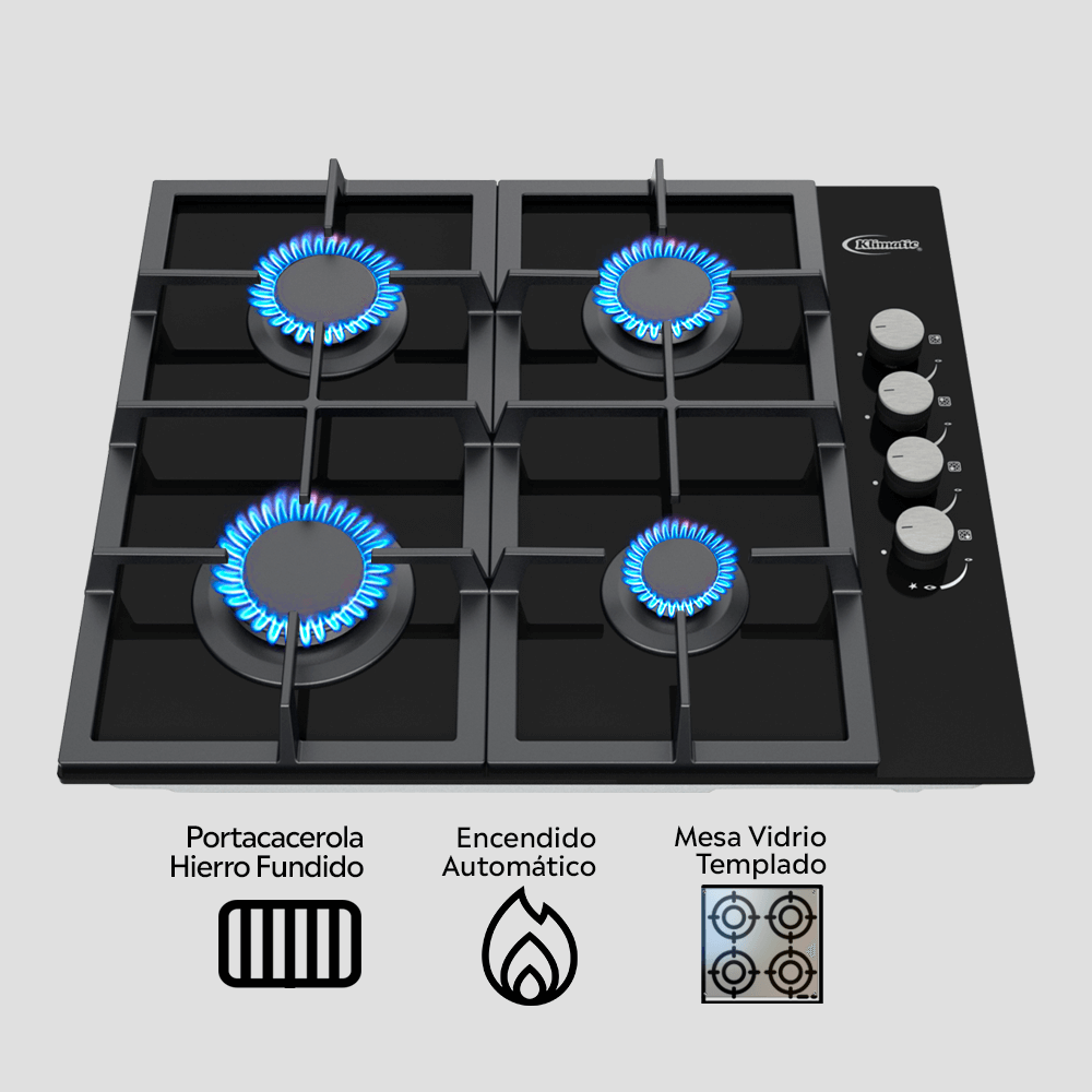 Encimera a gas 4 hornillas o cocina empotrable para gas glp y gn mitte marca klimatic