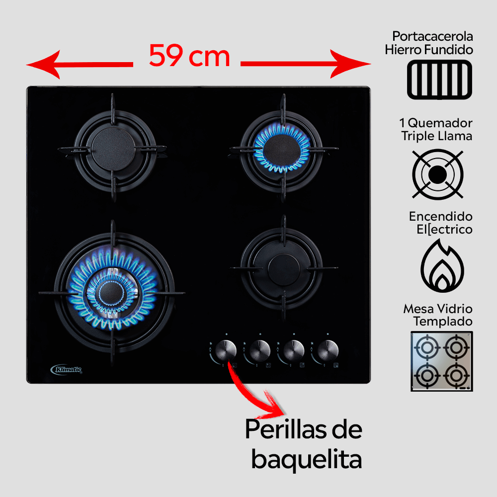 Encimera a gas 4 hornillas o cocina empotrable para gas glp y gn modelo nina marca klimatic