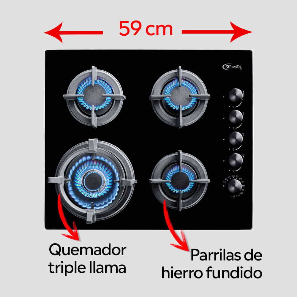 encimera de cocina a gas glp y gn de 4 hornillas modelo gia x 59cm marca klimatic