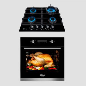 combo klimatic, encimera a gas 4 hornillas trevi 60 mesa de vidrio templado + horno a gas empotrable