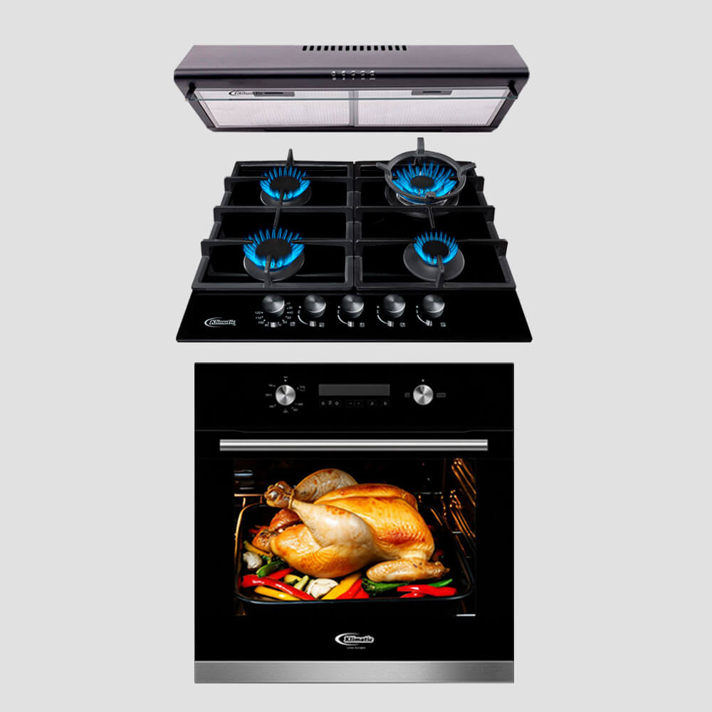 tricombo klimatic encimera a Gas 4 Hornillas Trevi 60 + campana de Cocina ck601nem + horno a gas bonn