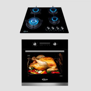 combo klimatic, encimera a gas 4 hornillas modelo nina con mesa de vidrio templado + horno a gas empotrable