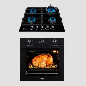 combo klimatic, encimera a gas 4 hornillas trevi 60 con posa wok y mesa de vidrio templado + horno empotrable eléctrico