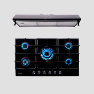 combo klimatic, encimera a gas 5 hornillas mesa de vidrio templado negro modelo aosta 90 + campana de cocina ck901ne