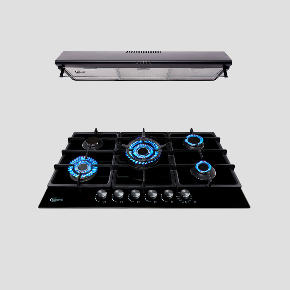 combo klimatic, encimera a gas 5 hornillas mesa de vidrio templado negro modelo aosta 90 + campana de cocina ck901ne