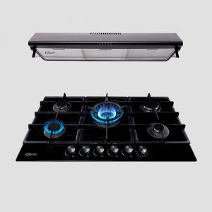 combo klimatic, encimera a gas 5 hornillas mesa de vidrio templado negro modelo trevi 90 + campana de cocina ck901ne