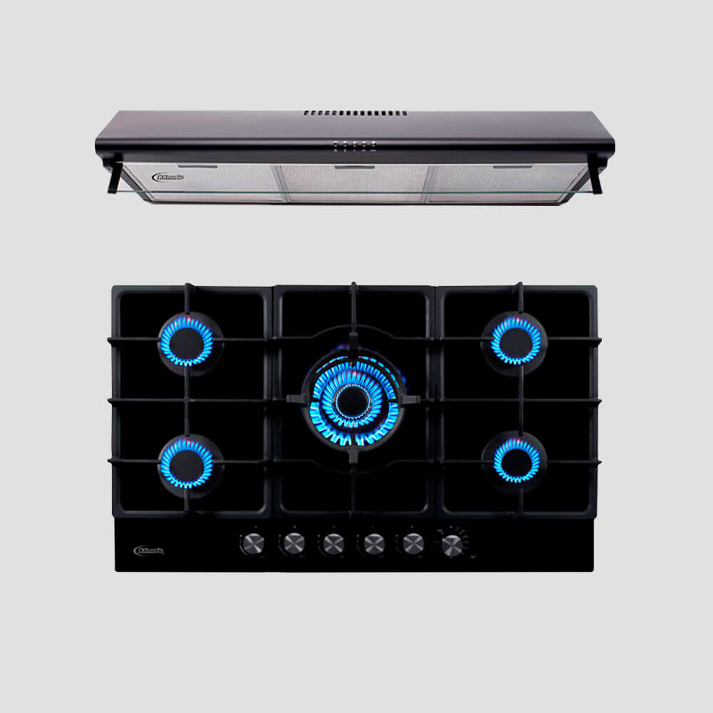 combo klimatic, encimera a gas 5 hornillas mesa de vidrio templado negro modelo trevi 90 + campana de cocina ck901ne
