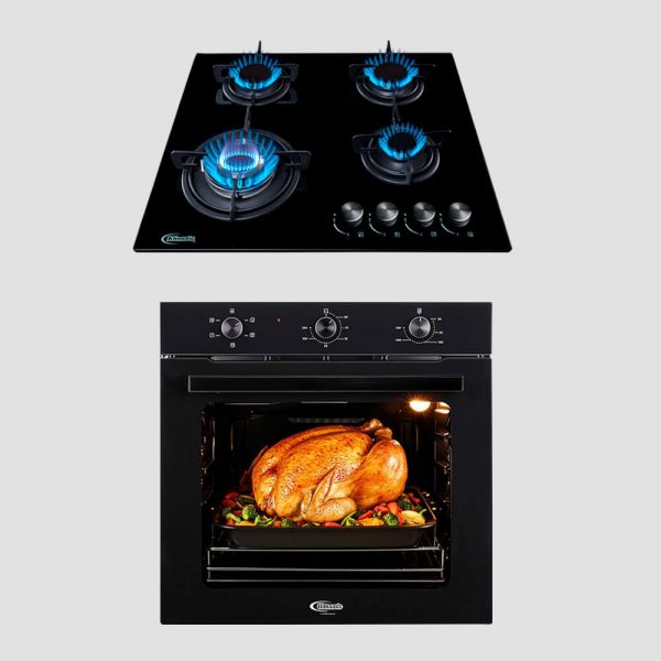 combo klimatic, encimera a gas 4 hornillas modelo nina y mesa de vidrio templado + horno eléctrico empotrable