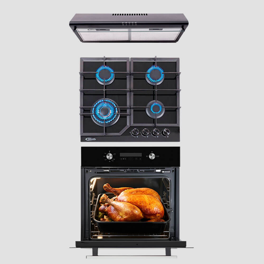 tricombo klimatic encimera a Gas 4 Hornillas alessia + campana de Cocina modelo ck601ne + horno a gas bonn