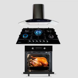 tricombo klimatic encimera a Gas 5 Hornillas trevi 90 + campana de Cocina venezia black + horno a gas bonn