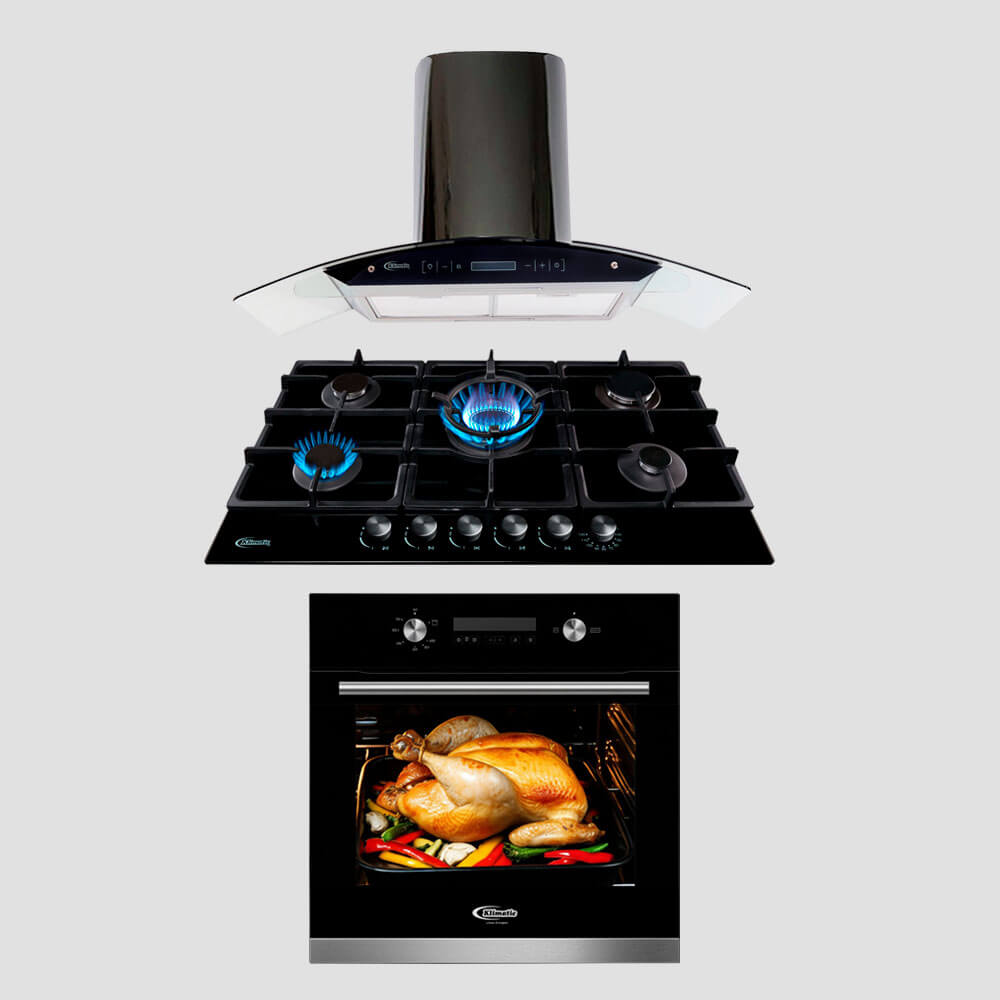 tricombo klimatic encimera a Gas 5 Hornillas trevi 90 + campana de Cocina venezia black + horno a gas bonn