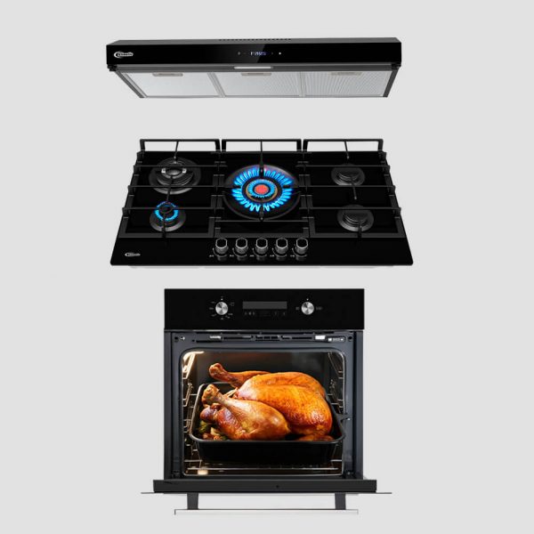 tricombo klimatic encimera a Gas 5 Hornillas vulcano 5 + campana de Cocina volendam + horno a gas bonn