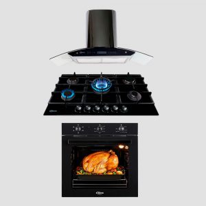 Tricombo KLIMATIC Encimera a Gas 5 Hornillas Trevi 90 + Campana de Cocina Venezia Black + Horno Eléctrico Essen