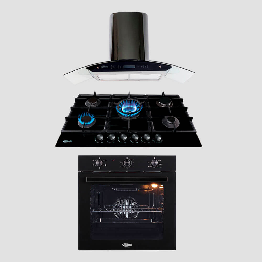 Tricombo KLIMATIC Encimera a Gas 5 Hornillas Trevi 90 + Campana de Cocina Venezia Black + Horno Eléctrico Essen