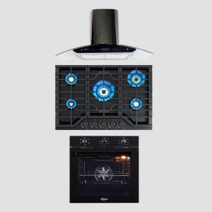 Tricombo KLIMATIC Encimera a Gas 5 Hornillas Massima + Campana de Cocina Venezia Black + Horno Eléctrico Essen