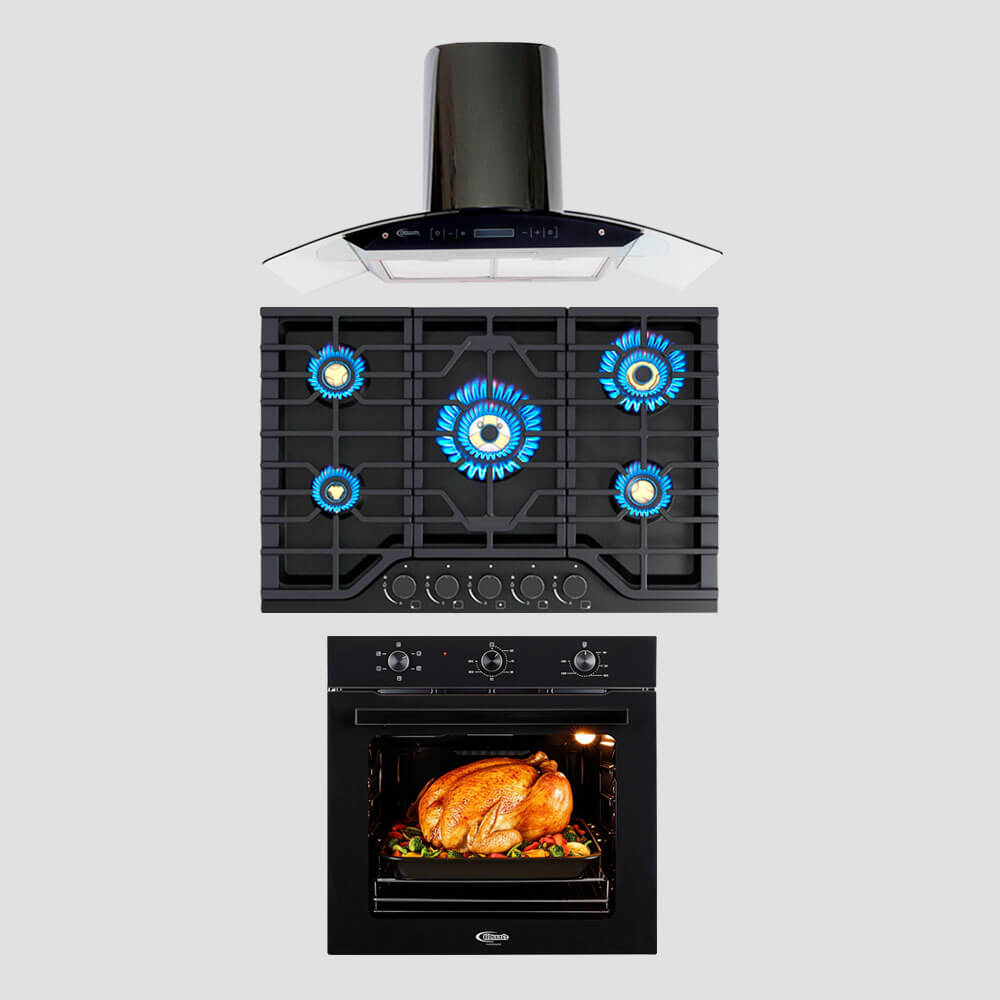 Tricombo KLIMATIC Encimera a Gas 5 Hornillas Massima + Campana de Cocina Venezia Black + Horno Eléctrico Essen