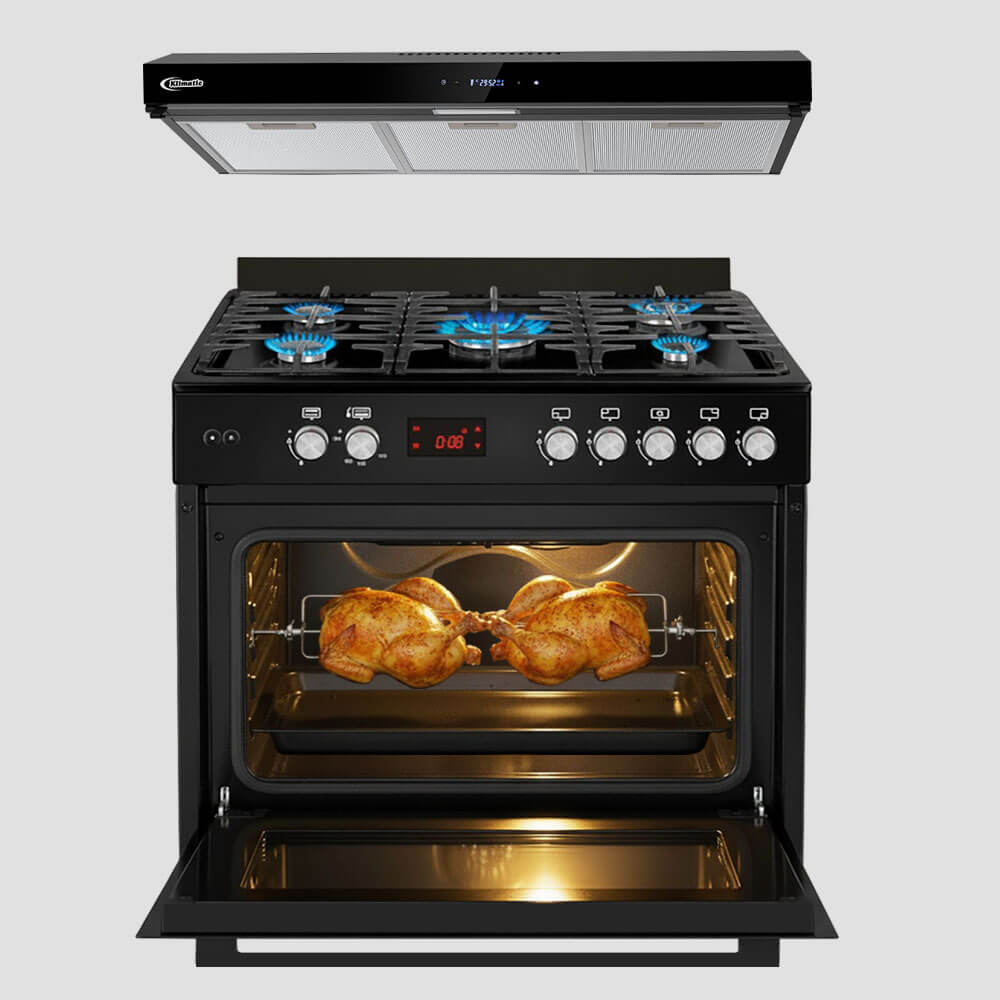 combo klimatic, cocina a gas 5 hornillas modelo accent + campana de cocina volendam