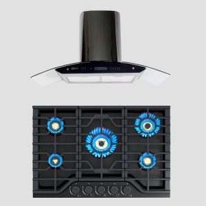 combo klimatic, encimera a gas 4 hornillas mesa de vidrio templado negro modelo nina60 + campana de cocina Venezia Black