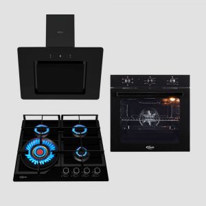 Tricombo KLIMATIC Encimera a Gas 4 Hornillas Vulcano 4 + Campana de Cocina Venezia Black + Horno Eléctrico Essen