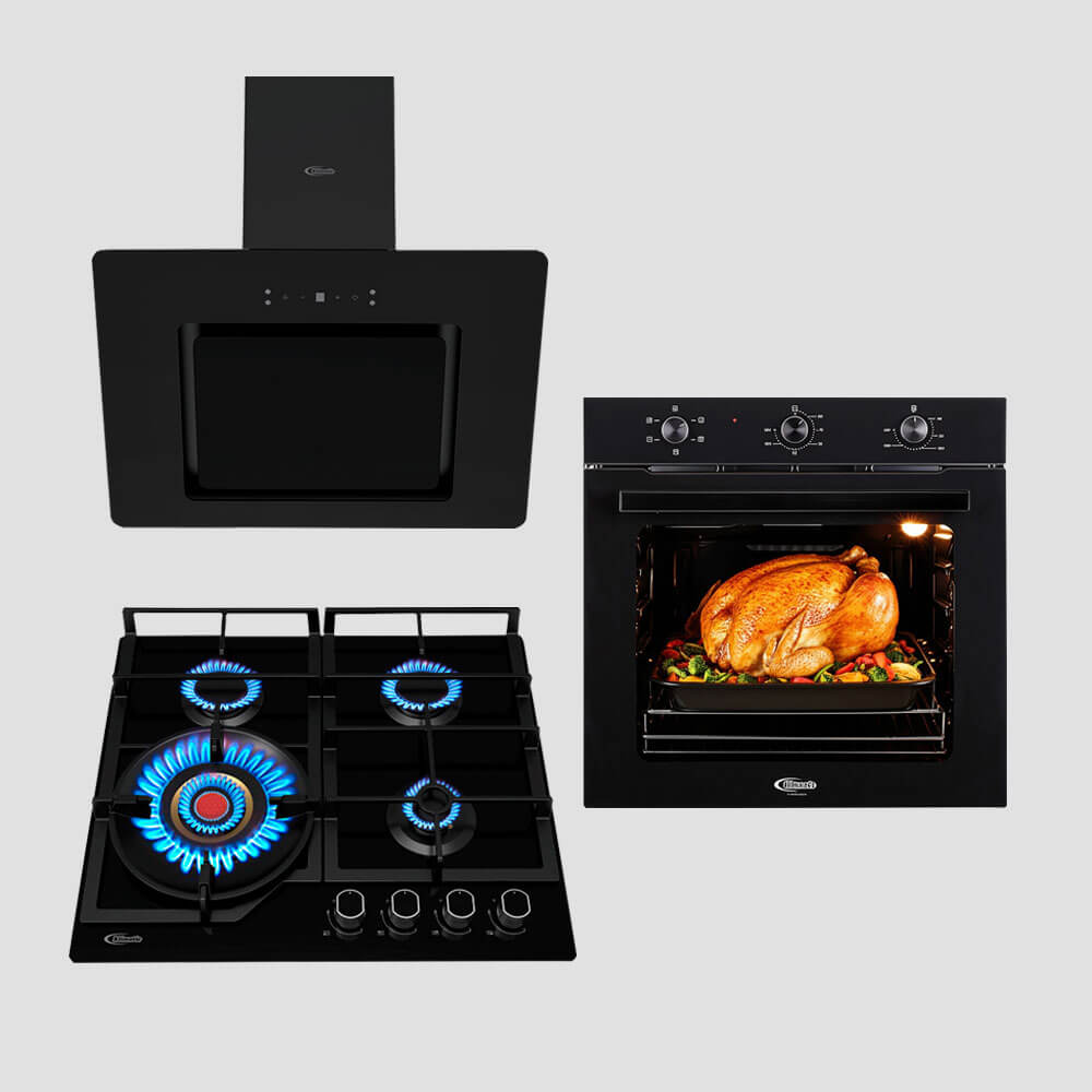 Tricombo KLIMATIC Encimera a Gas 4 Hornillas Vulcano 4 + Campana de Cocina Venezia Black + Horno Eléctrico Essen
