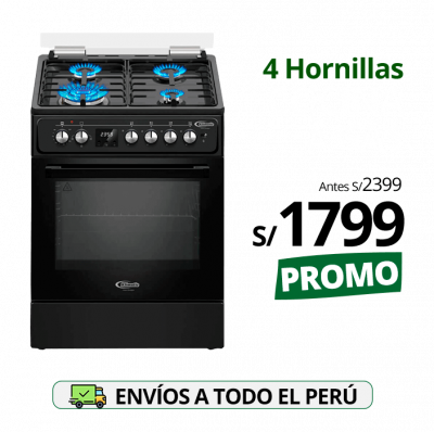 cocina de pie a gas 4 hornillas con horno modelo venti black marca klimatic