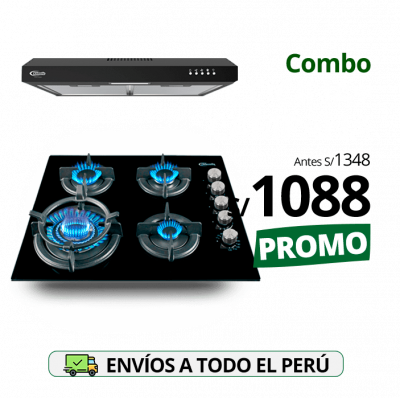 combo klimatic, encimera a gas 4 hornillas mesa de vidrio templado negro modelo gia x + campana de cocina vento