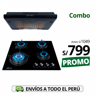 combo klimatic, encimera a gas 4 hornillas mesa de vidrio templado negro modelo nina + campana de cocina iwh101nem