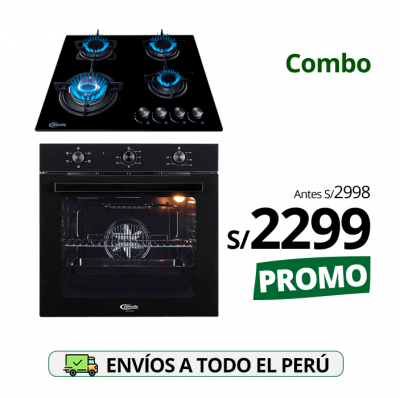 combo klimatic, encimera a gas 4 hornillas modelo nina y mesa de vidrio templado + horno eléctrico empotrable