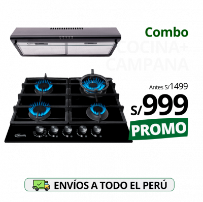 combo klimatic, encimera a gas 4 hornillas mesa de vidrio templado negro modelo trevi60 + campana de cocina ck601ne