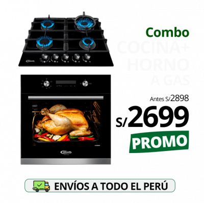 combo klimatic, encimera a gas 4 hornillas trevi 60 mesa de vidrio templado + horno a gas empotrable