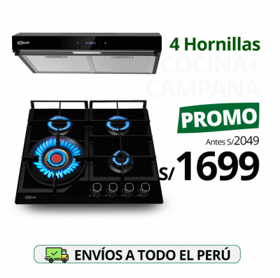 combo klimatic, encimera a gas 4 hornillas mesa de vidrio templado negro modelo vulcano 4 + campana de cocina amsterdam