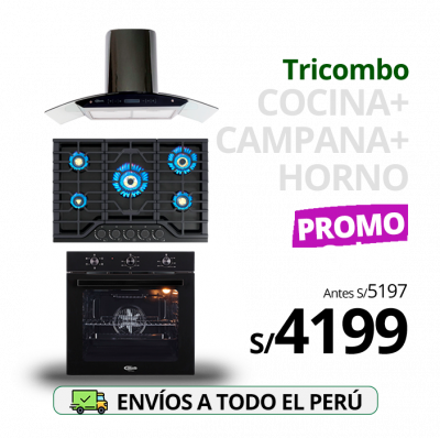 Tricombo KLIMATIC Encimera a Gas 5 Hornillas Massima + Campana de Cocina Venezia Black + Horno Eléctrico Essen