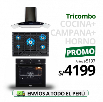 Tricombo KLIMATIC Encimera a Gas 5 Hornillas Massima + Campana de Cocina Venezia Black + Horno Eléctrico Essen