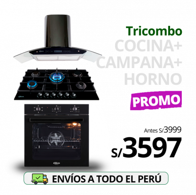 Tricombo KLIMATIC Encimera a Gas 5 Hornillas Trevi 90 + Campana de Cocina Venezia Black + Horno Eléctrico Essen