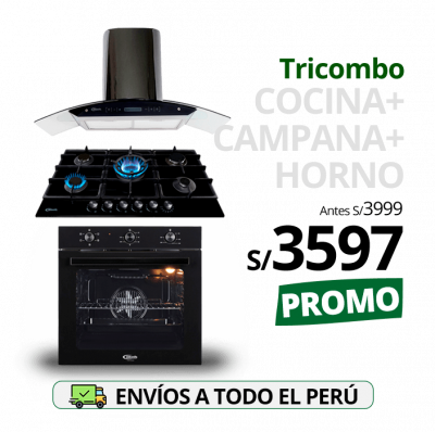 Tricombo KLIMATIC Encimera a Gas 5 Hornillas Trevi 90 + Campana de Cocina Venezia Black + Horno Eléctrico Essen