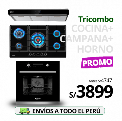 tricombo klimatic encimera a Gas 5 Hornillas massima + campana de Cocina venezia black + horno a gas bonn